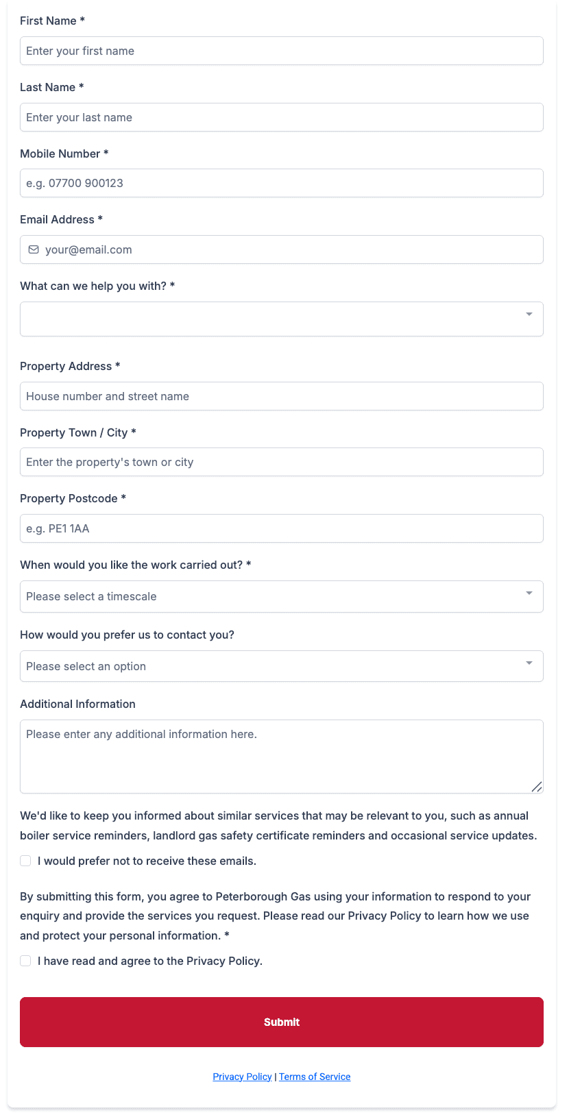 Peterborough Gas new enquiry form capturing customer details, property address, requested service, contact preference and privacy consent.