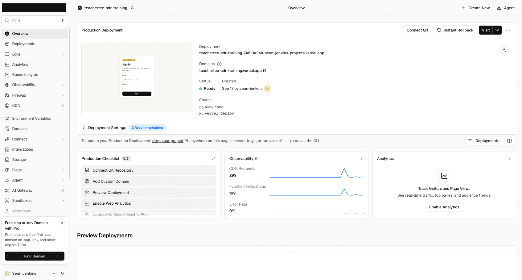 Vercel production deployment overview for the TeacherTee SDR Training application.