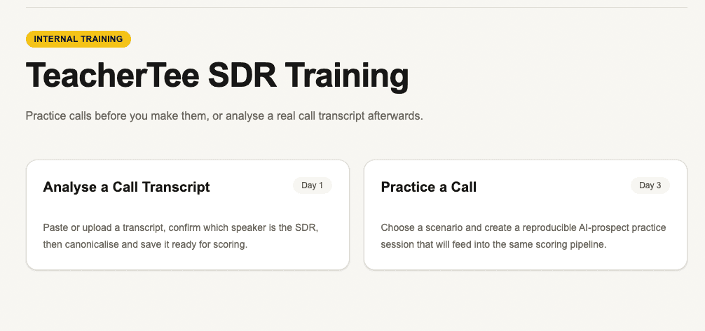 TeacherTee SDR Training dashboard with options to analyse a real call transcript or practise a call.