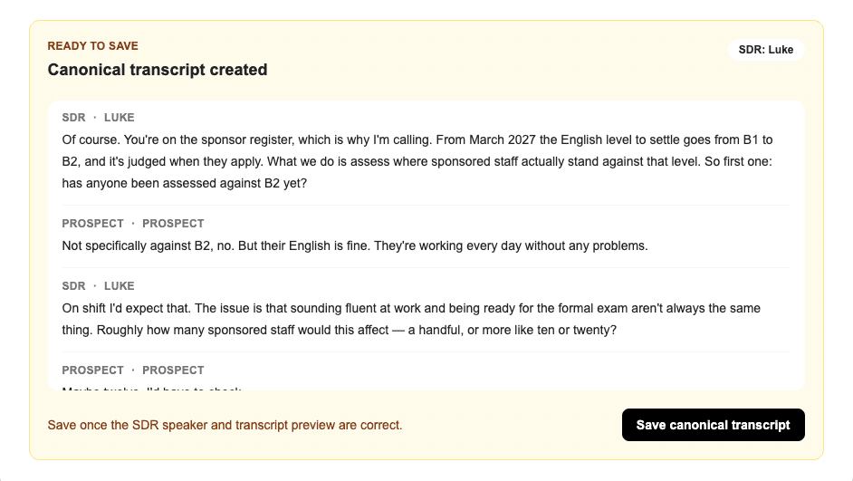 Canonical transcript preview with confirmed SDR and prospect speaker roles.