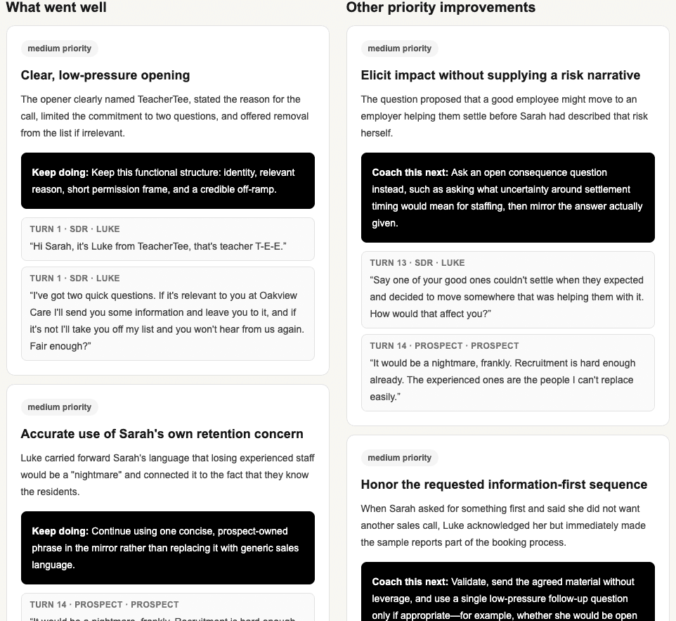 TeacherTee coaching report with transcript-grounded strengths and priority improvements.