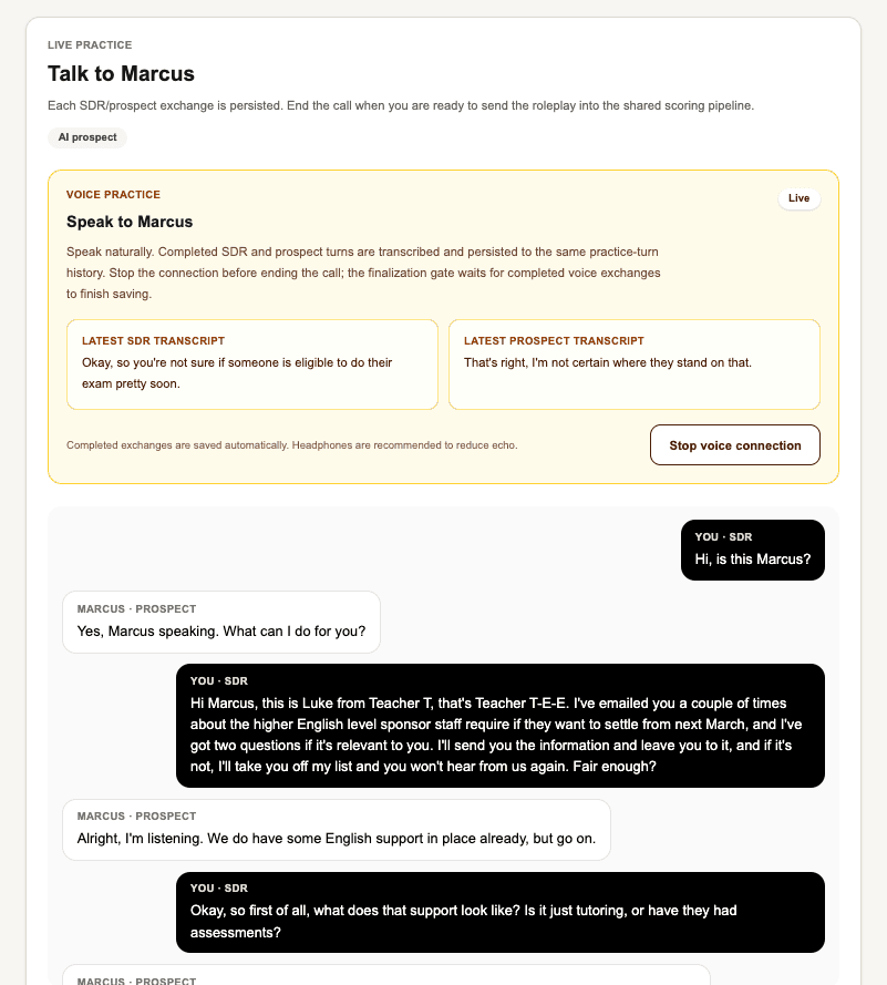 Live TeacherTee voice practice call with current SDR and AI prospect transcripts and persisted conversation turns.