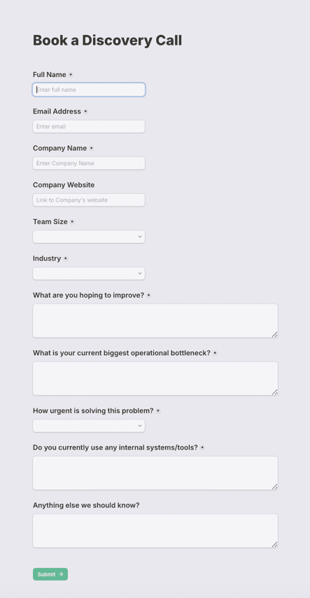 Tally discovery call lead capture form screenshot.