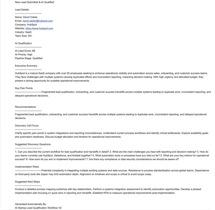 Gmail notification example for an AI-qualified high-priority lead.