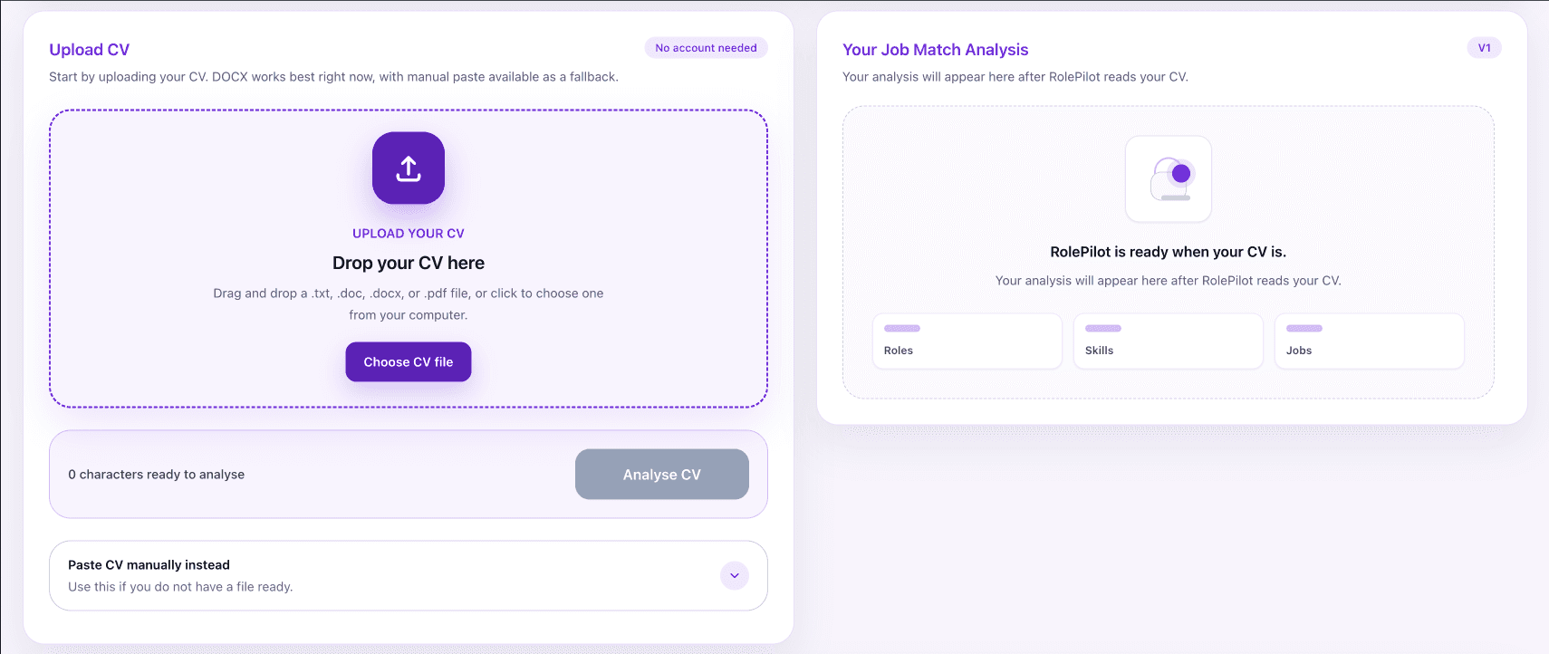 RolePilot CV upload and analysis workspace
