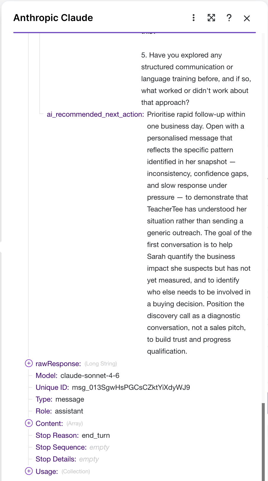 Claude AI recommended next action output