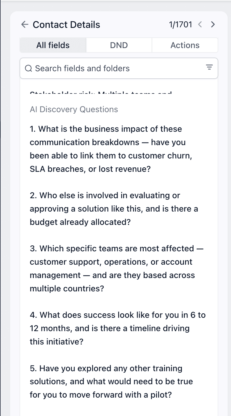 LeadConnector AI discovery questions stored in CRM