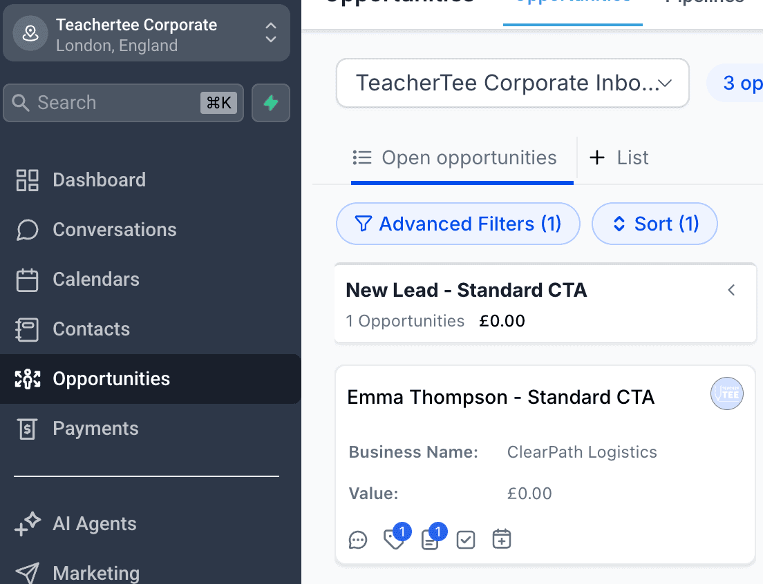 Opportunity created in the LeadConnector lead pipeline