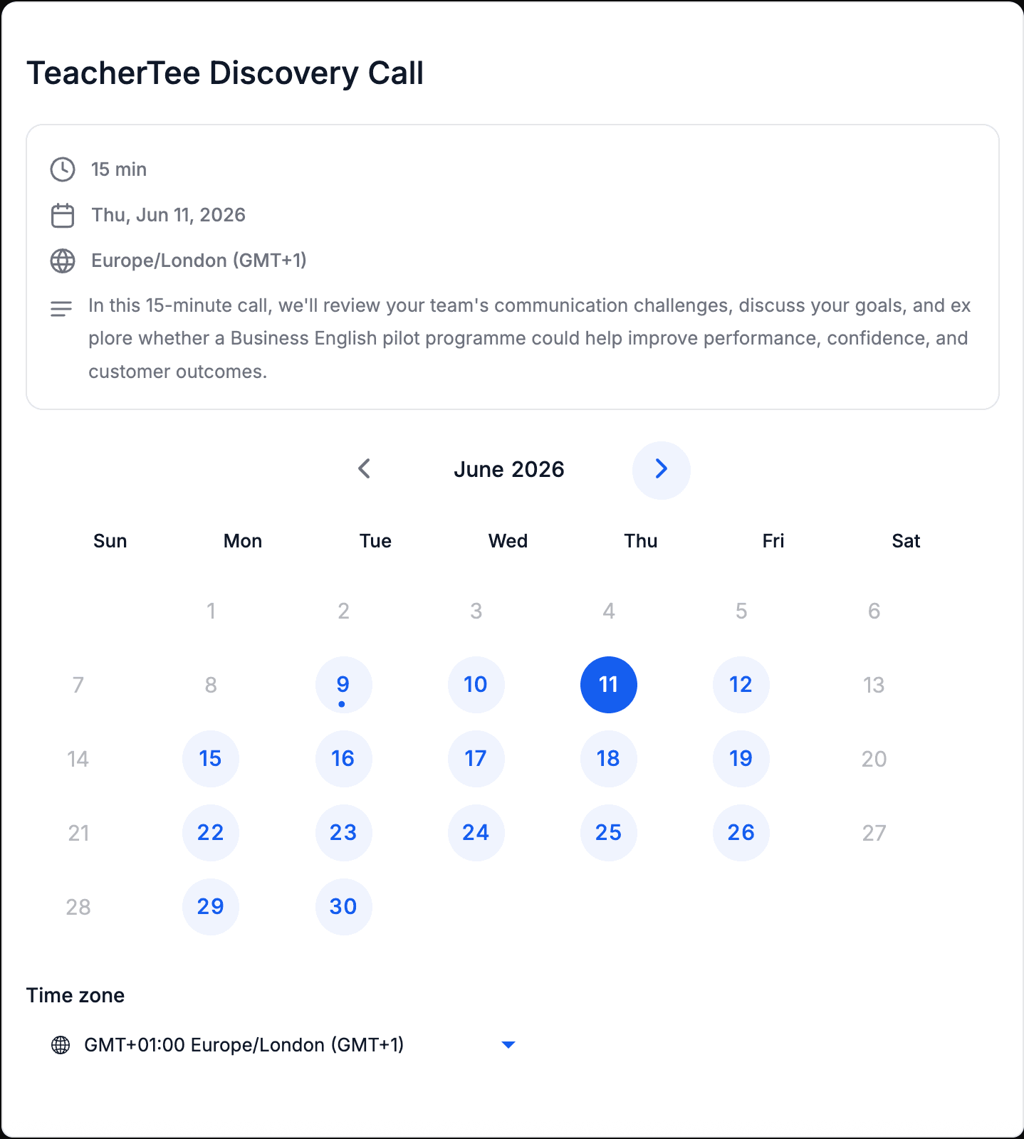TeacherTee discovery call calendar booking page