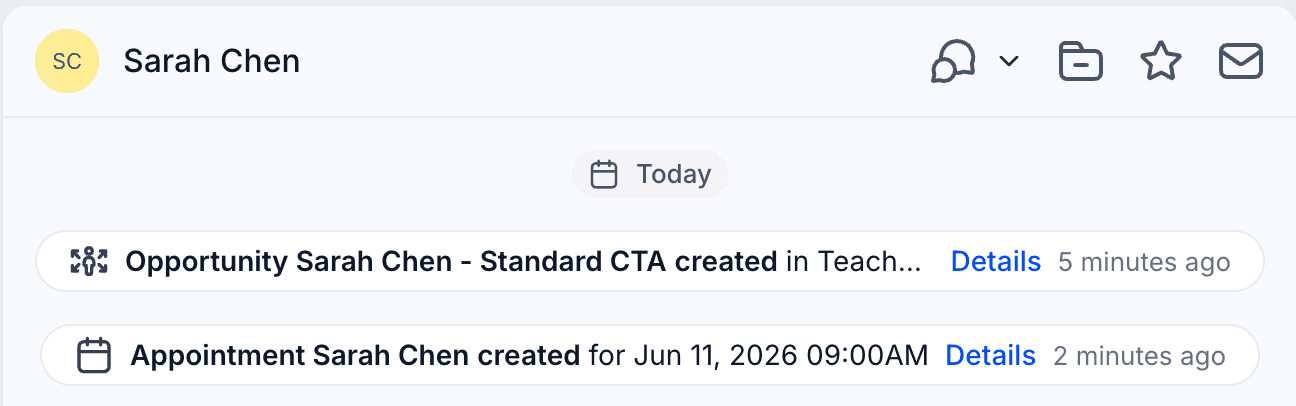 LeadConnector contact activity log showing appointment creation