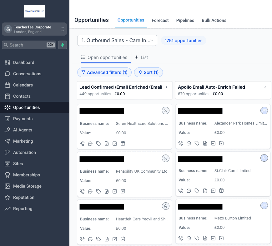 Leadconnector (GoHighLevel) opportunity pipeline separating email-enriched contacts from records requiring enrichment review.