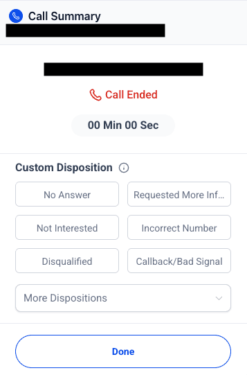 Leadconnector (GoHighLevel) call summary screen showing custom SDR dispositions including No Answer and Requested More Information.