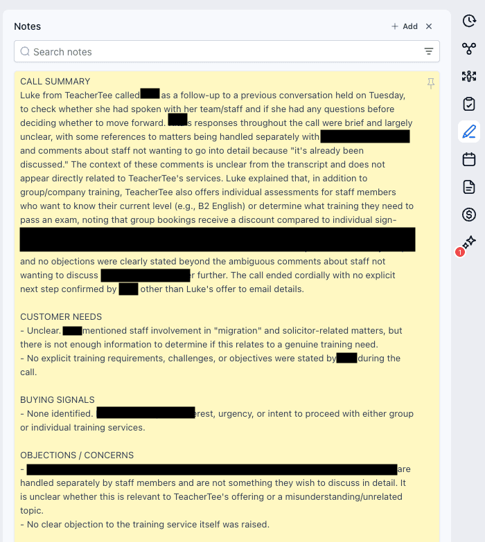 Redacted Leadconnector (GoHighLevel) CRM note with AI-generated call summary, customer needs, buying signals and objections sections.